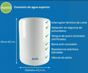 TERMOTANQUE ESCORIAL ELECTRICO 55L CARGA SUPERIOR