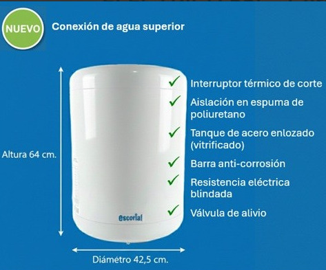 TERMOTANQUE ESCORIAL ELECTRICO 55L CARGA SUPERIOR