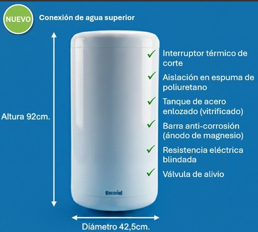 TERMOTANQUE ESCORIAL ELECTRICO 90L CARGA SUPERIOR