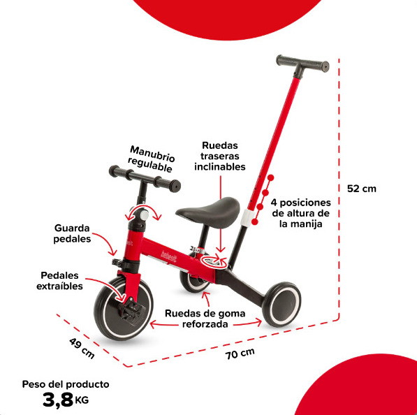 TRICICLO BEBESIT ROJO CON BARRA 2 EN 1