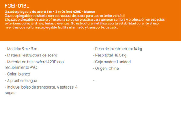 GAZEBO PLEGABLE DE ACERO 3X3 BLANCO KUSHIRO SIN LATERALES